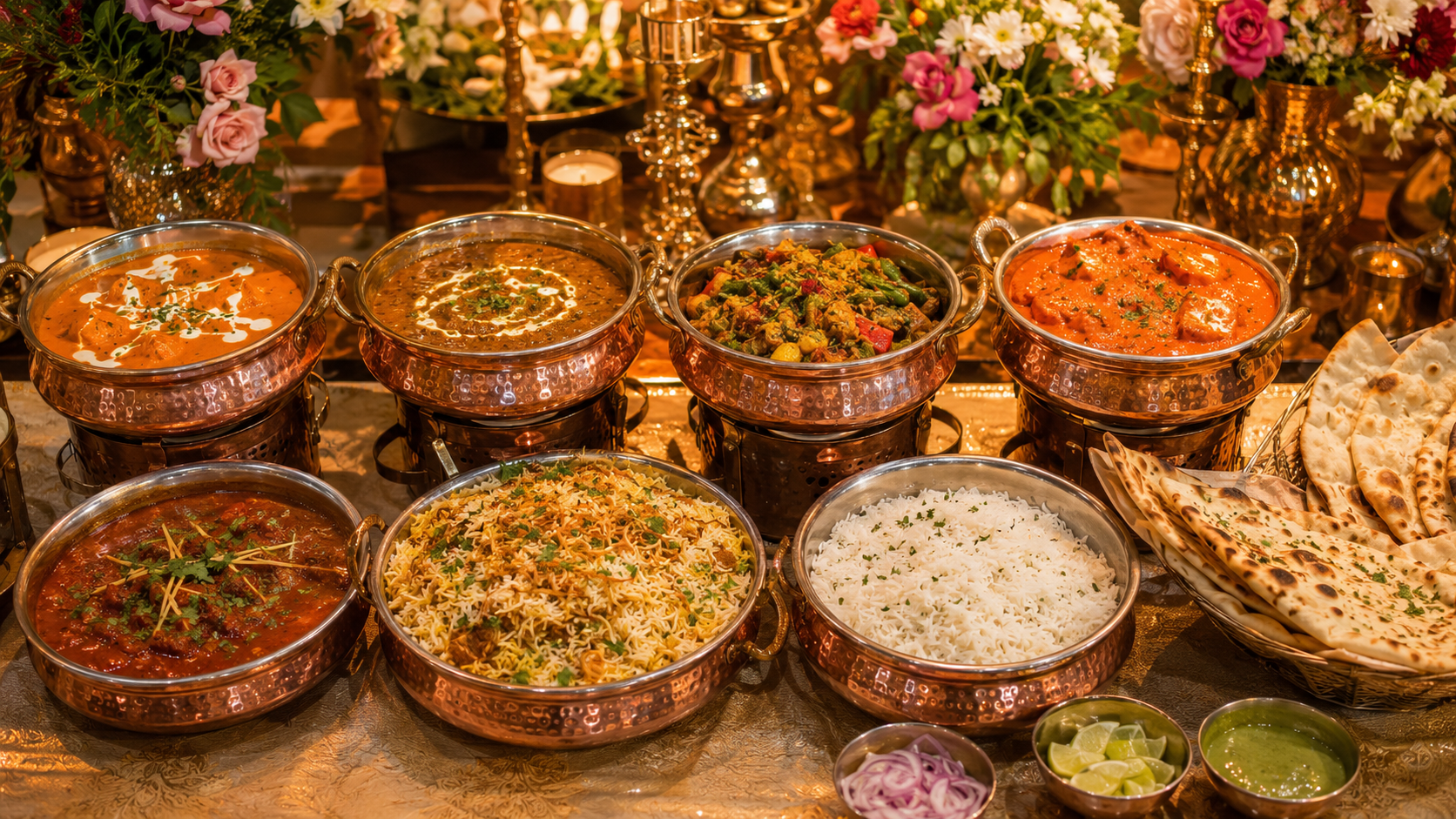 North Indian wedding main course buffet with paneer, dal, rice and breads
