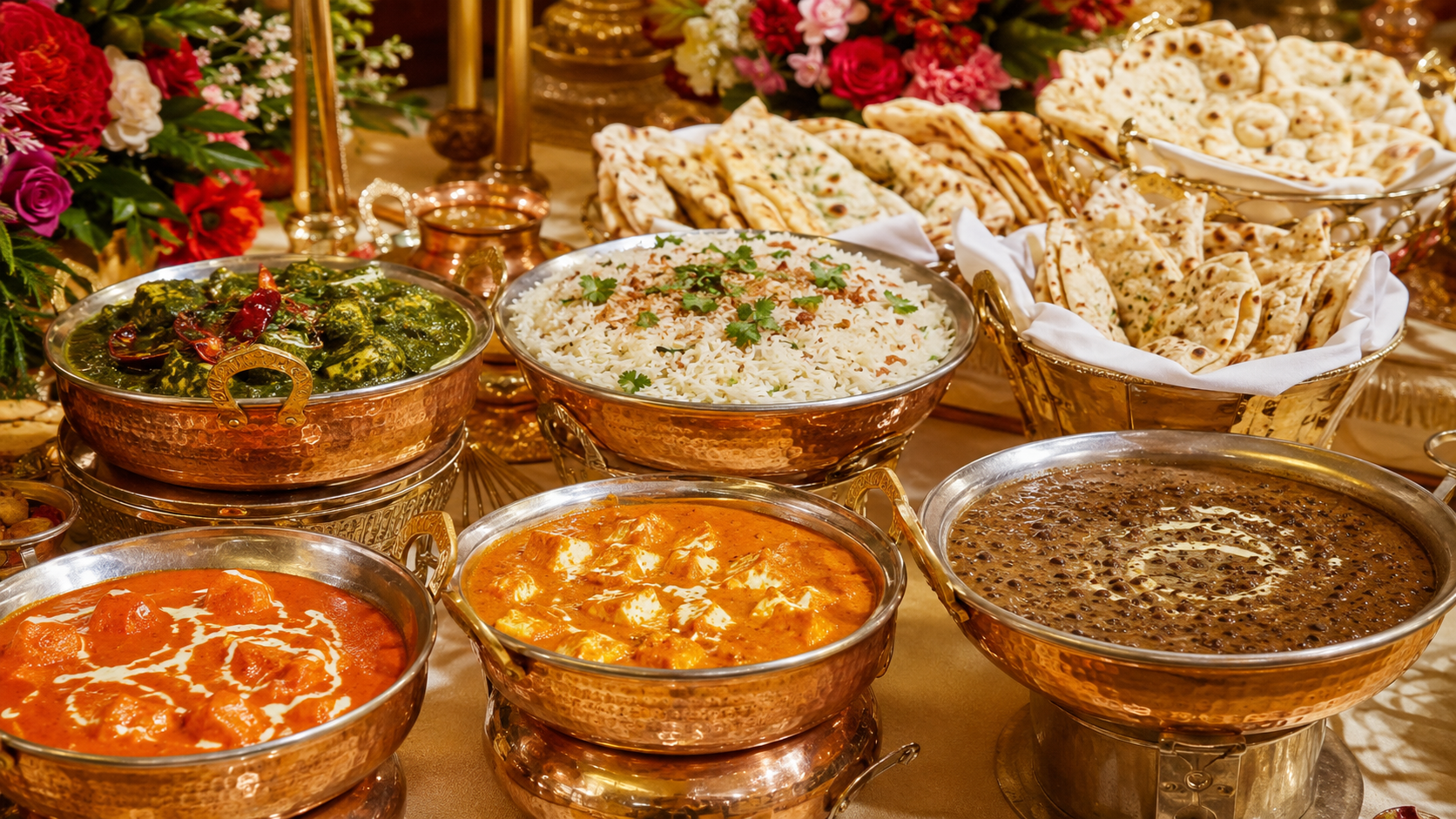 Punjabi wedding main course buffet with paneer, dal, rice and Indian breads