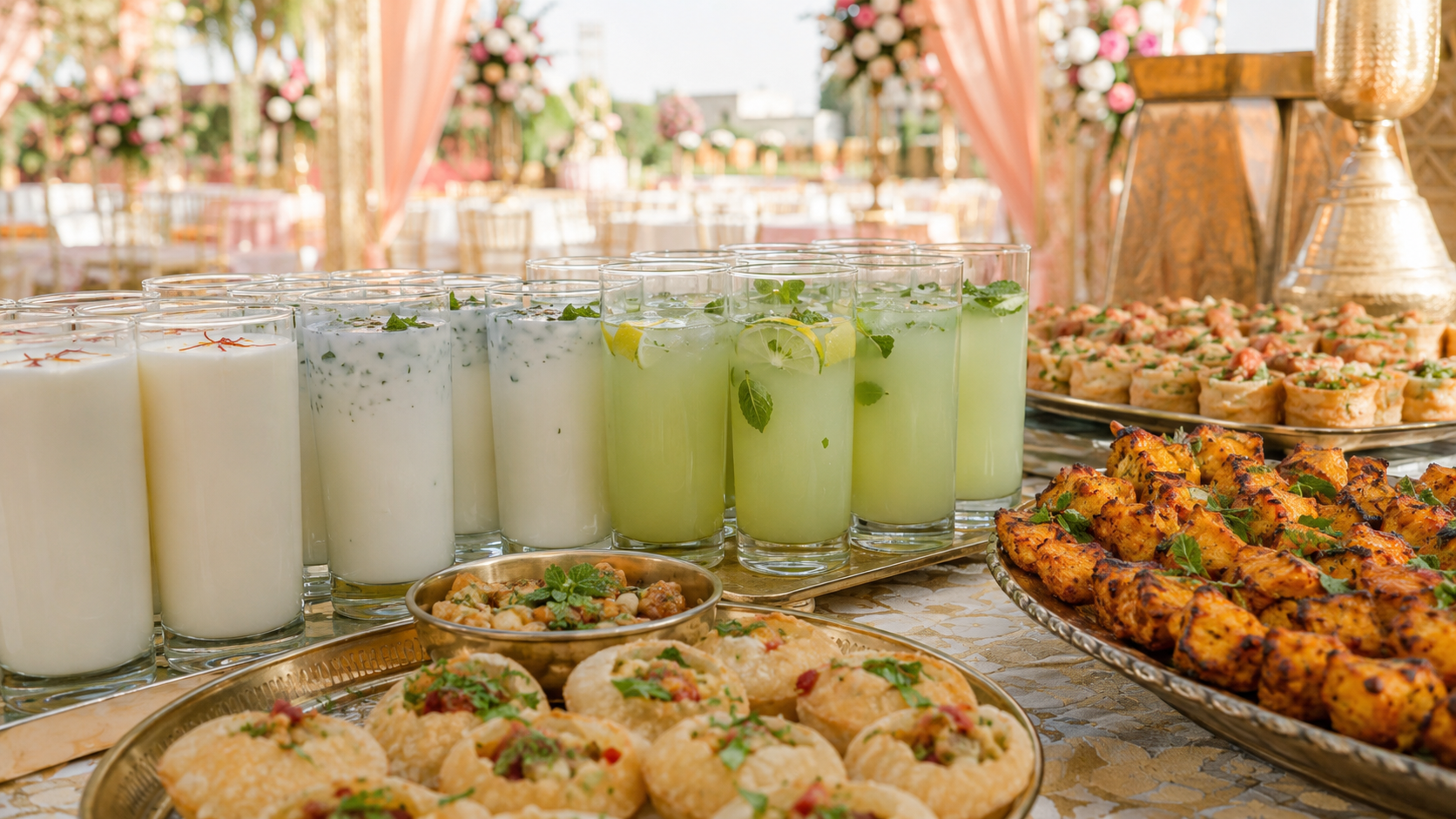 Punjabi wedding welcome drinks with lassi, lemonade and traditional snacks