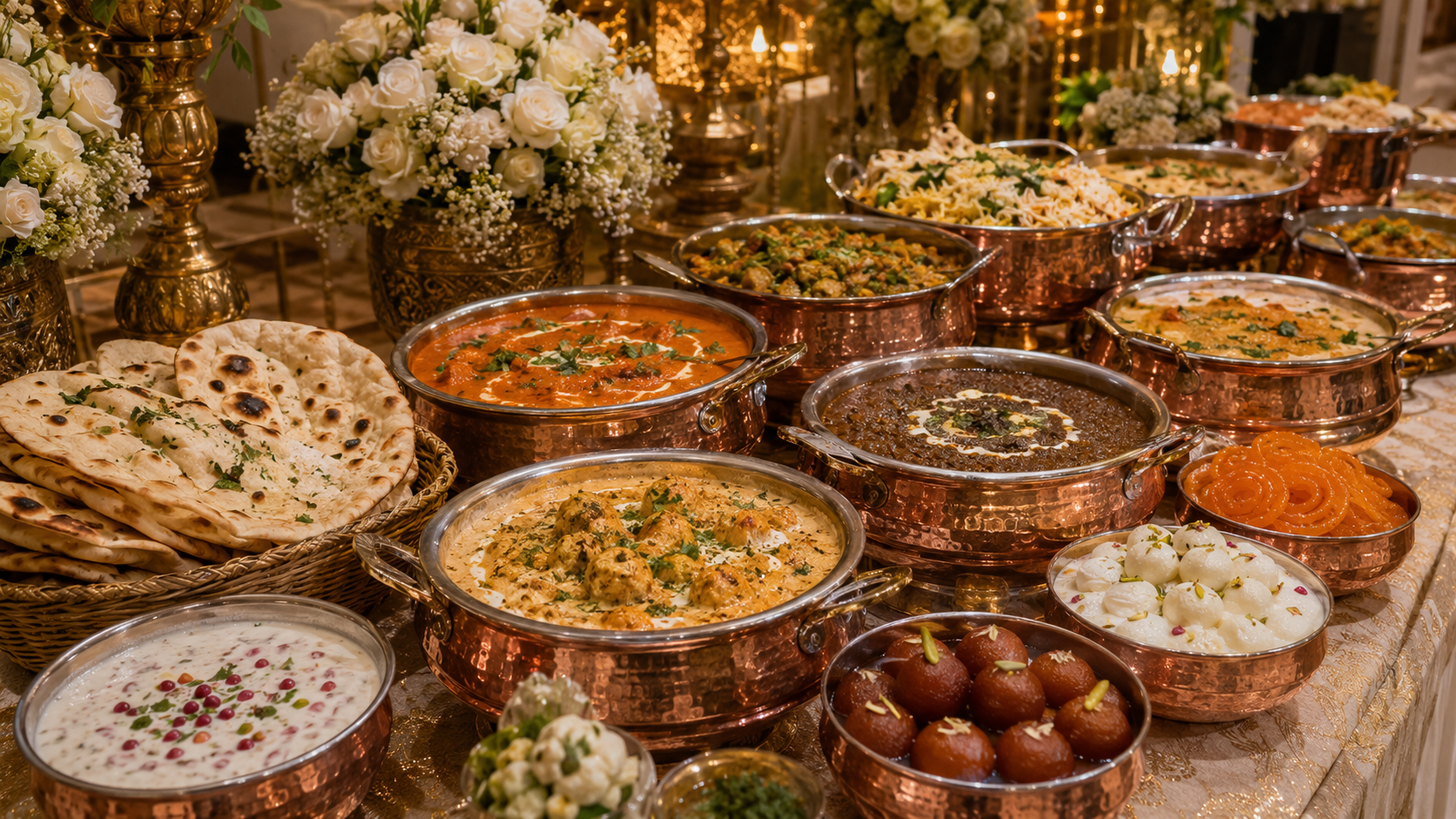 Pure veg wedding main course buffet with paneer, dal, rice and desserts