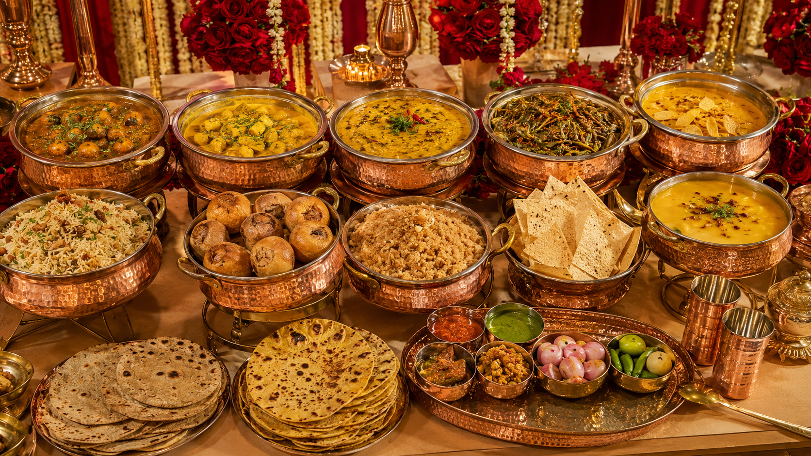 Traditional Rajasthani wedding main course buffet with regional dishes