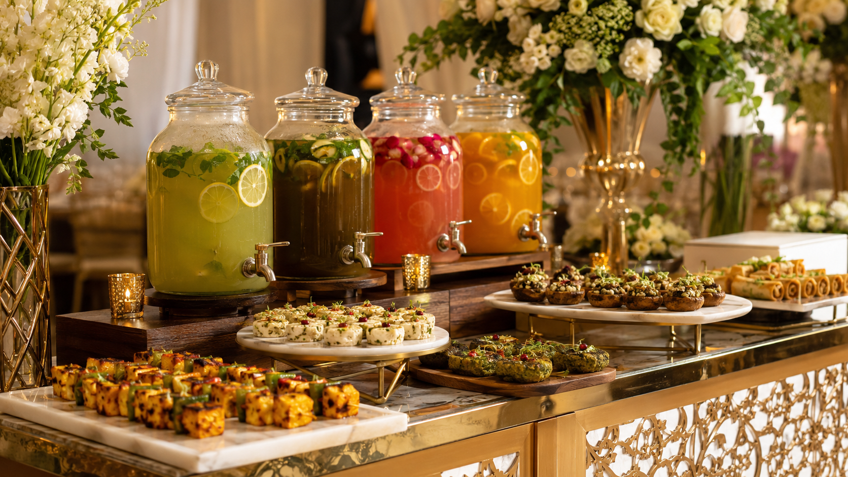 Vegetarian wedding welcome drinks and veg starters counter