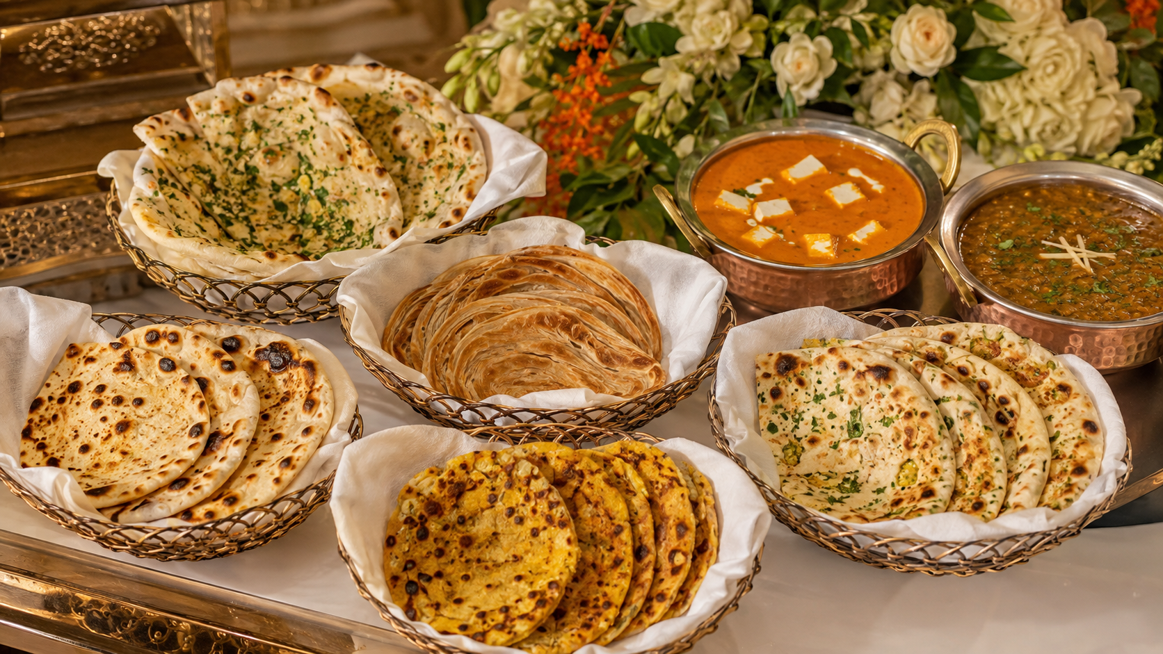 Indian wedding breads including naan roti paratha and kulcha with paneer and dal