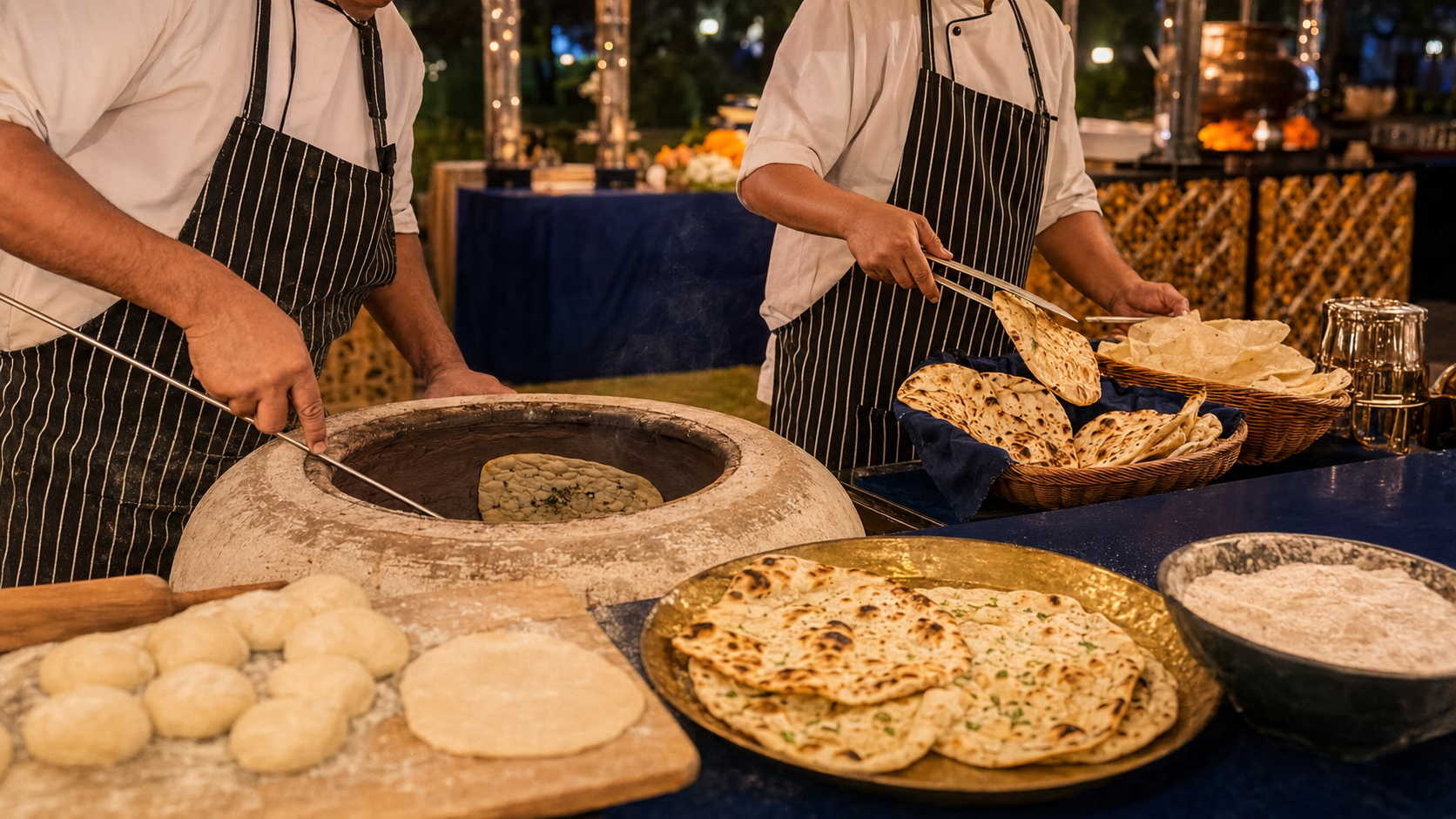 Live tandoor naan and roti counter at an Indian wedding
