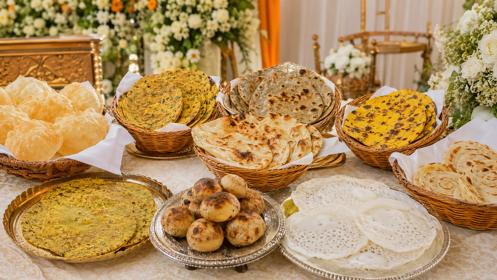 Regional Indian wedding breads including luchi thepla rotla appam and parotta
