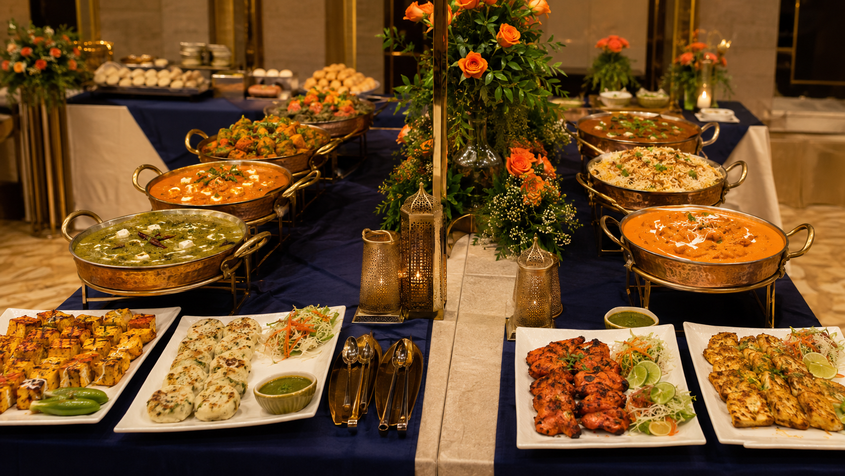Vegetarian and non-vegetarian Indian wedding dinner buffet with separate serving stations