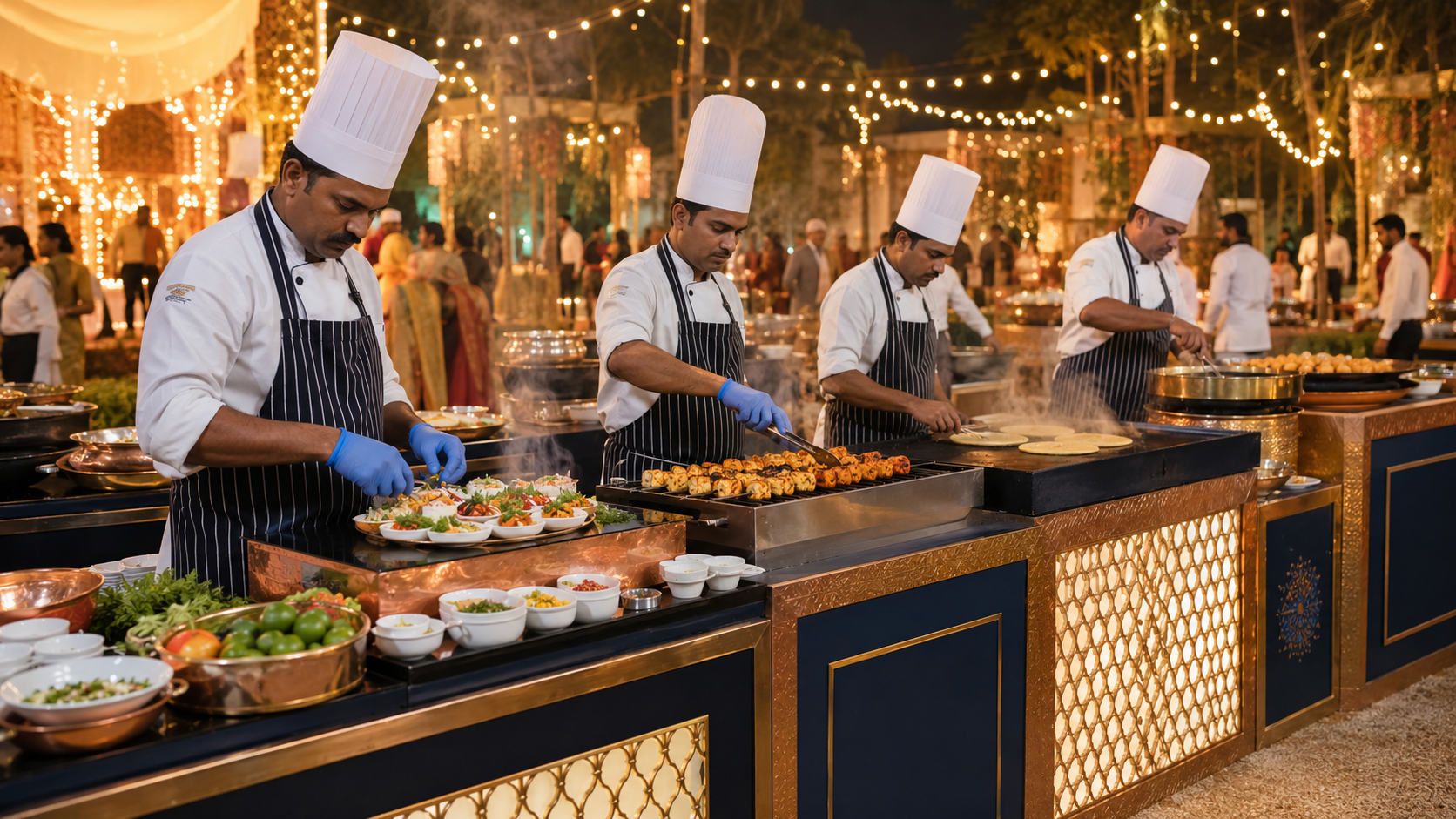 Chefs preparing chaat tandoori dishes dosa and desserts at Indian wedding live food counters