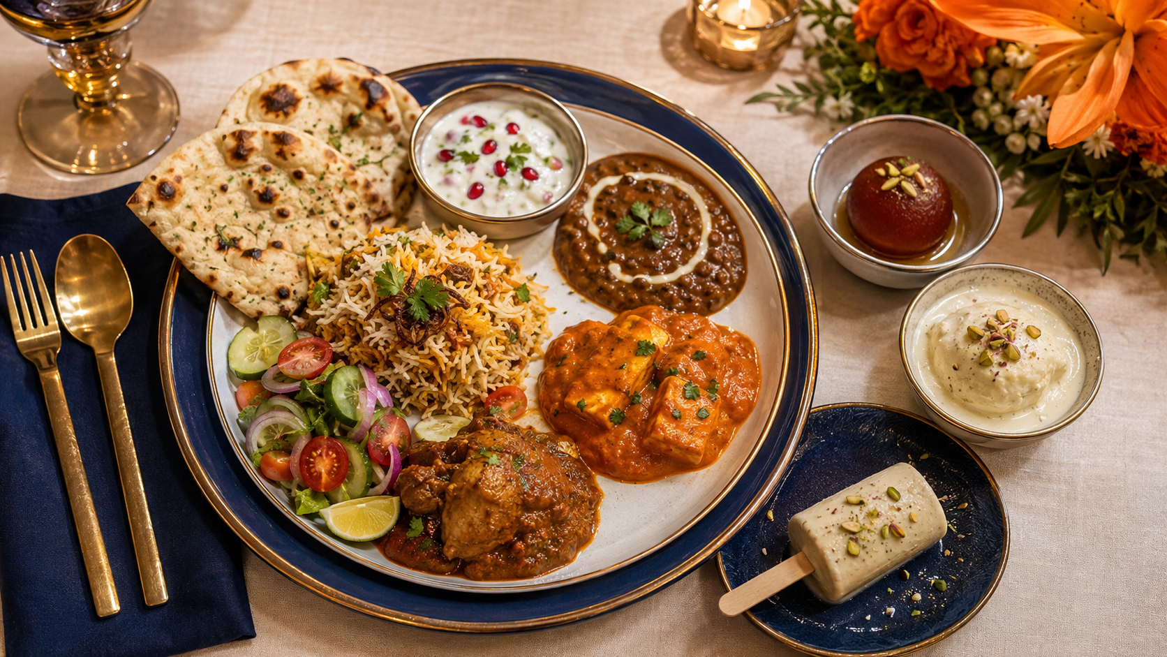 Complete Indian wedding dinner plate with paneer dal biryani breads chicken curry and desserts