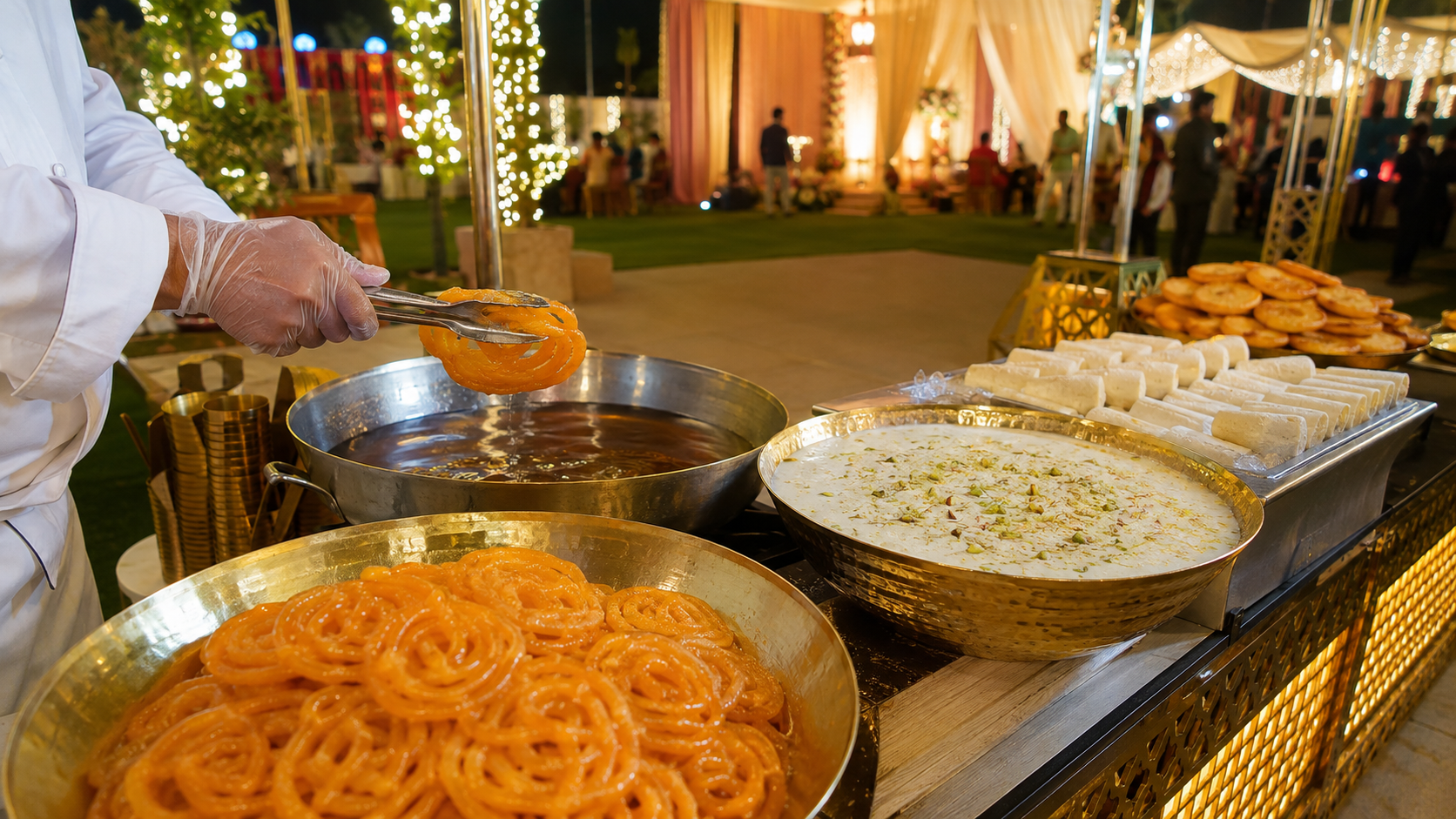 Traditional Indian wedding sweets including gulab jamun rasmalai laddoo and kaju katli