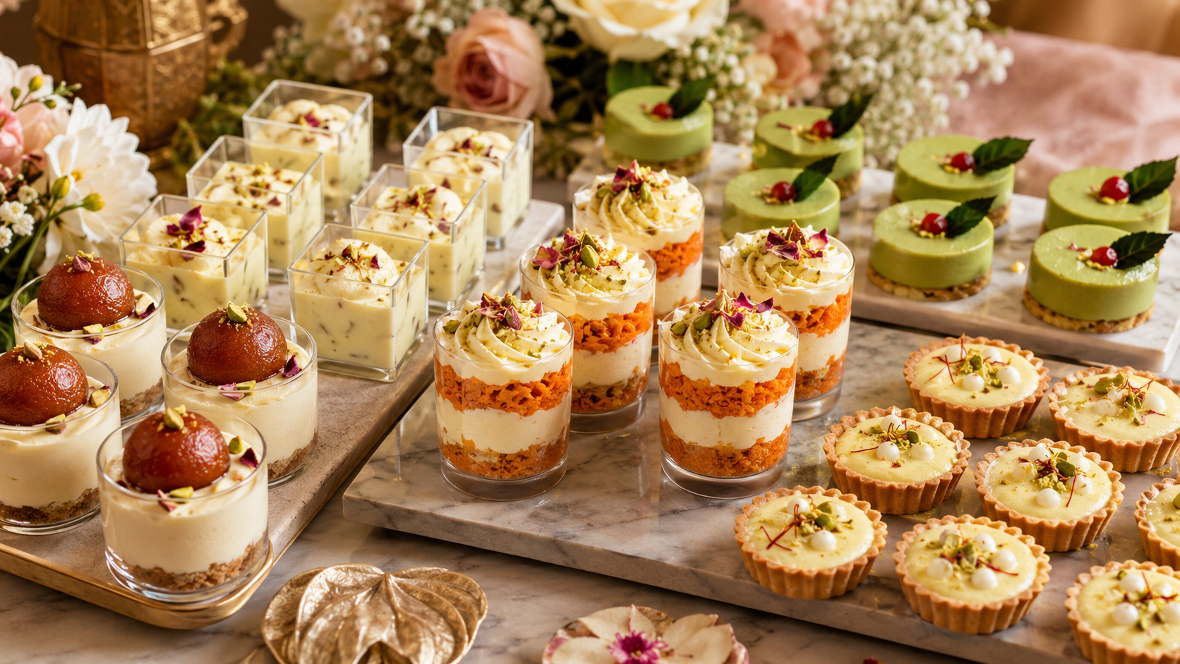 Modern Indian fusion wedding desserts in elegant individual portions