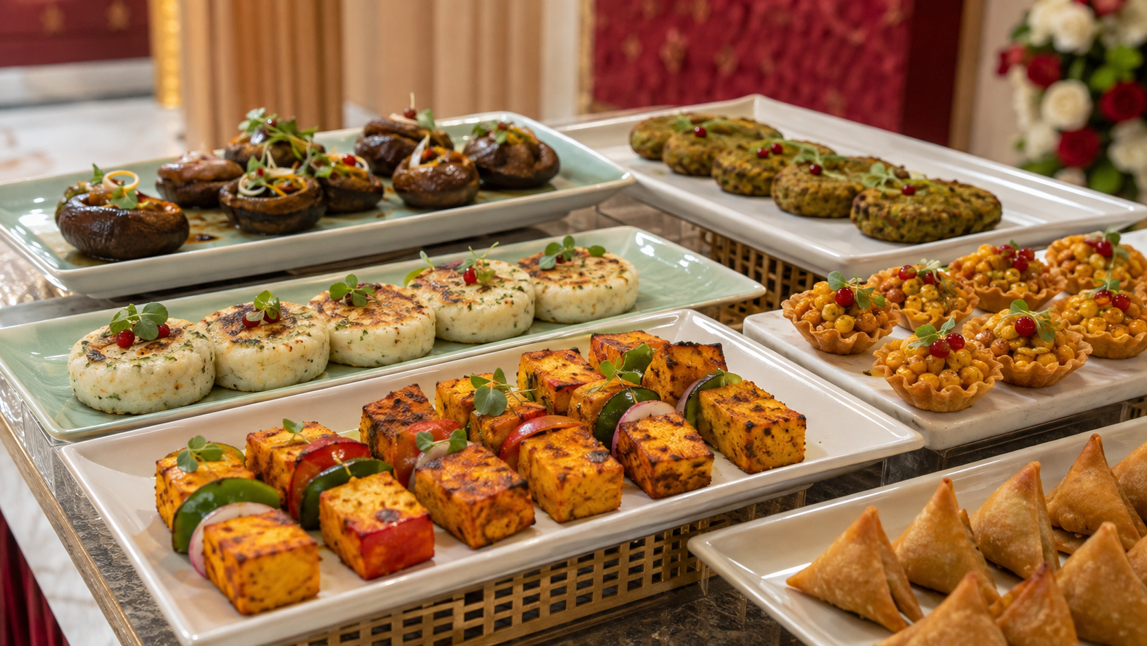 Vegetarian Indian wedding snacks with paneer tikka kebabs samosas and crispy corn