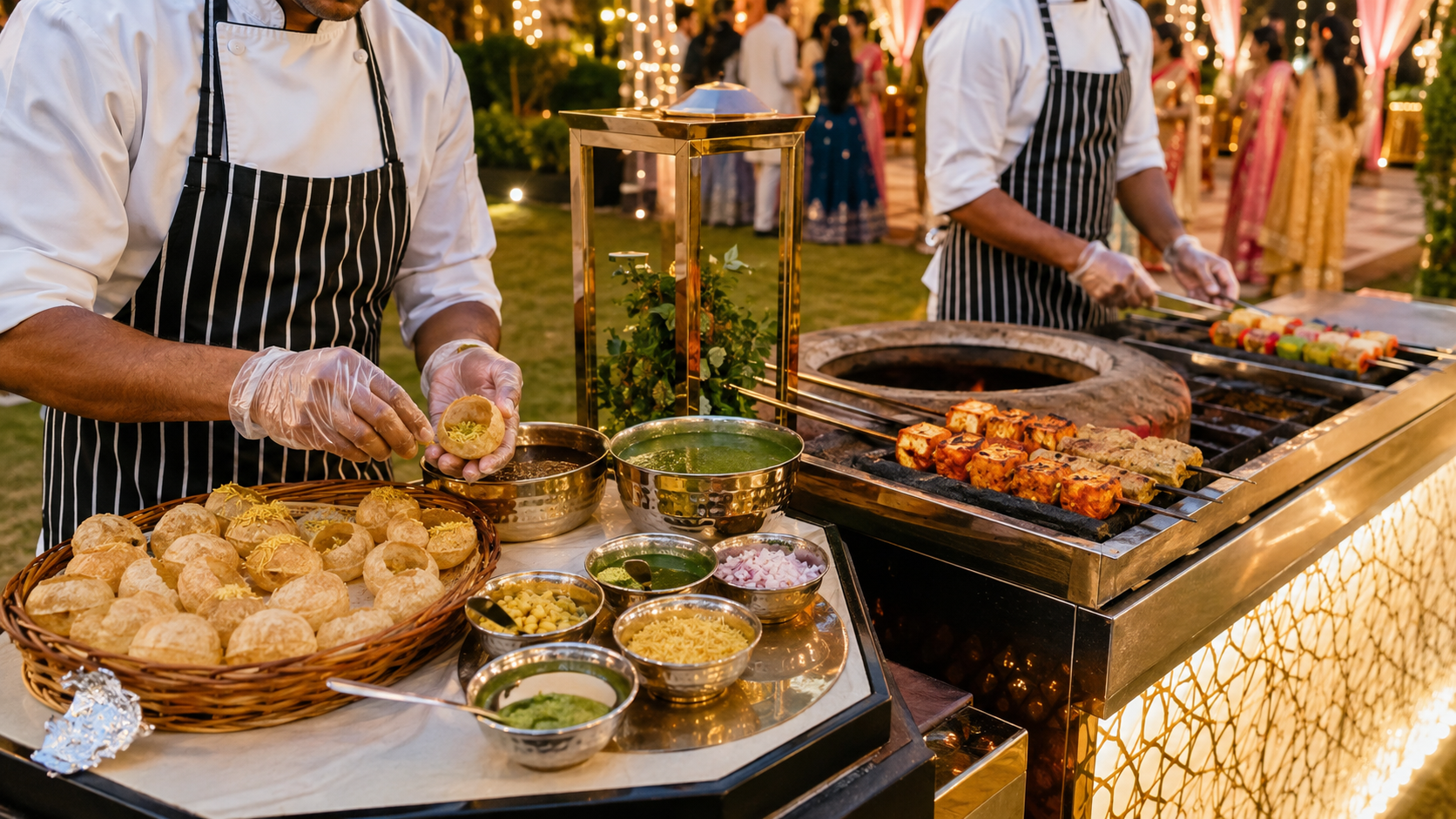 Live chaat and tandoori snack counters at an Indian wedding
