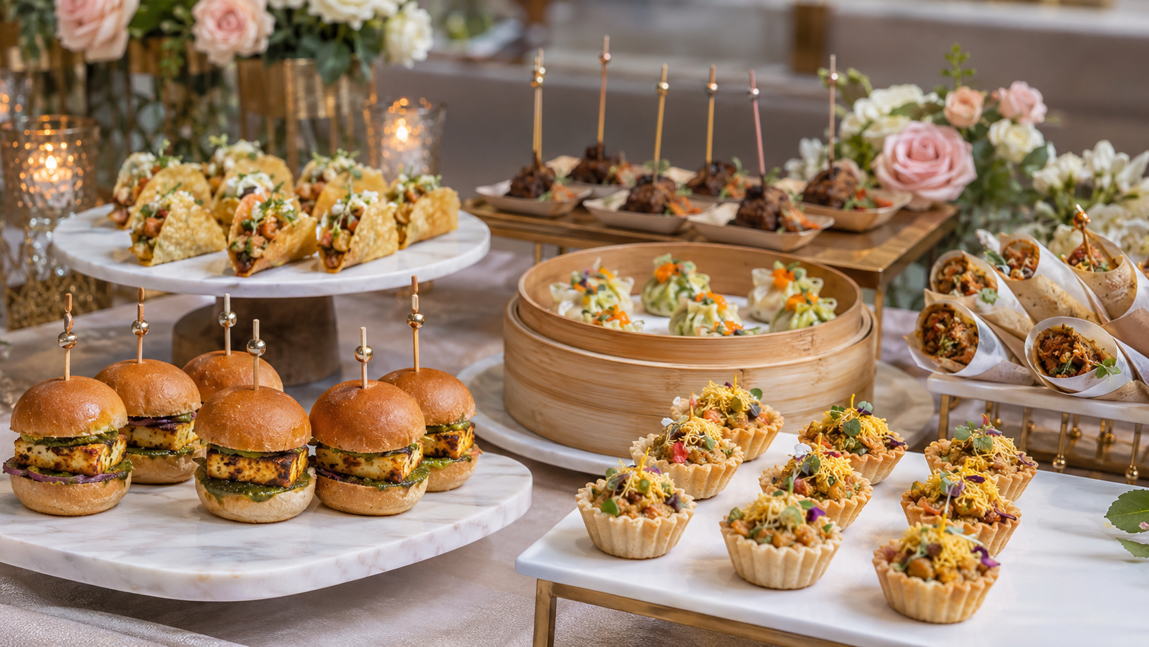 Modern Indian wedding finger foods including sliders tacos dim sums and kathi rolls