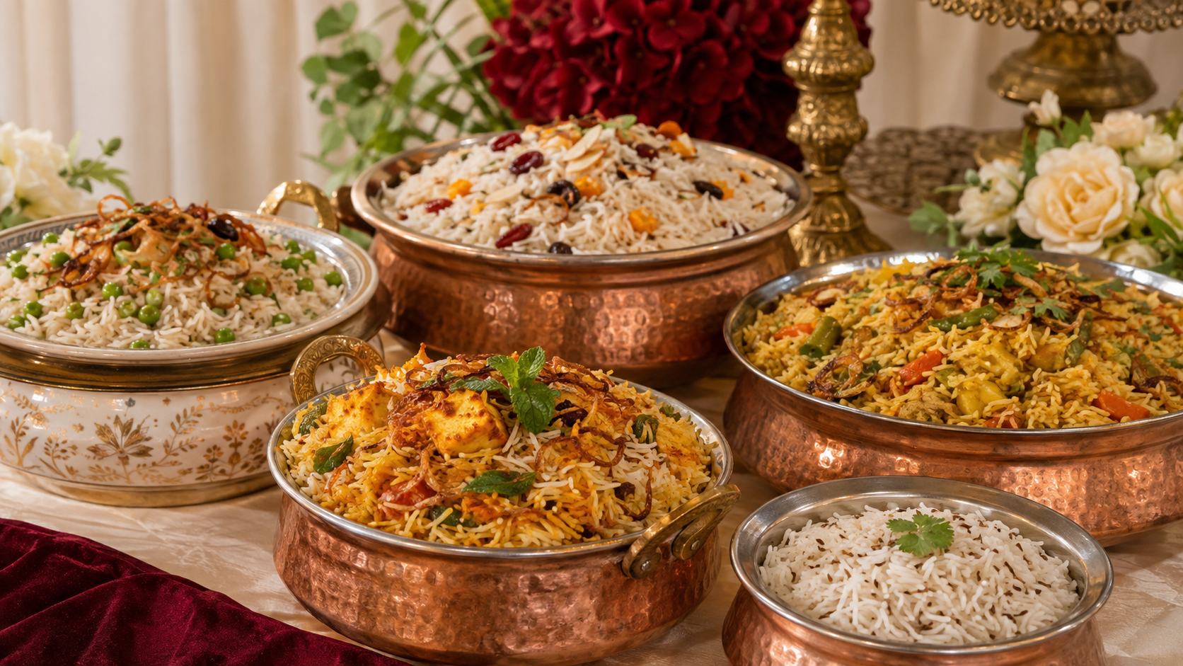 Vegetarian Indian wedding rice dishes including biryani jeera rice and pulao
