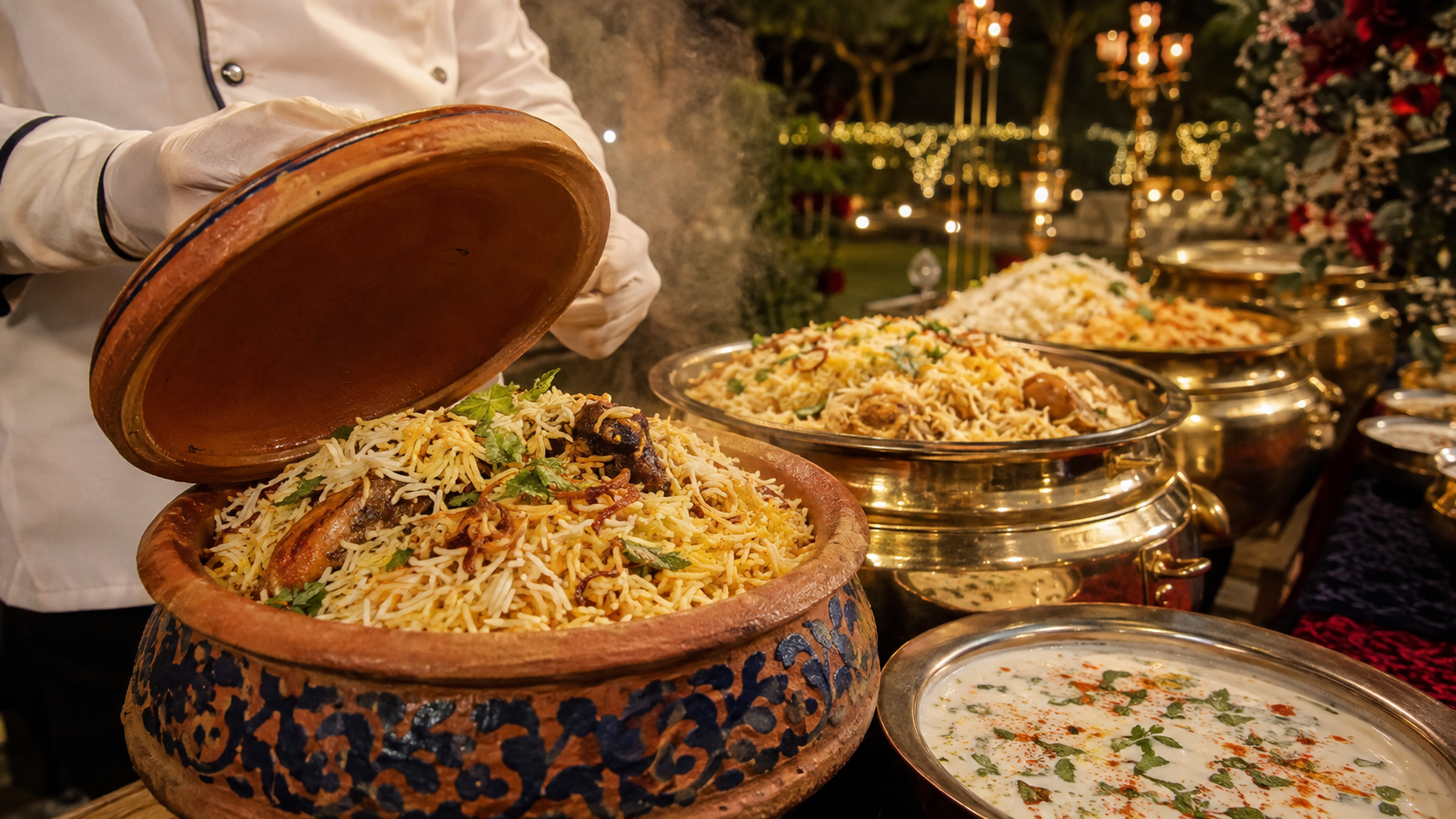 Traditional handi biryani counter at an Indian wedding buffet