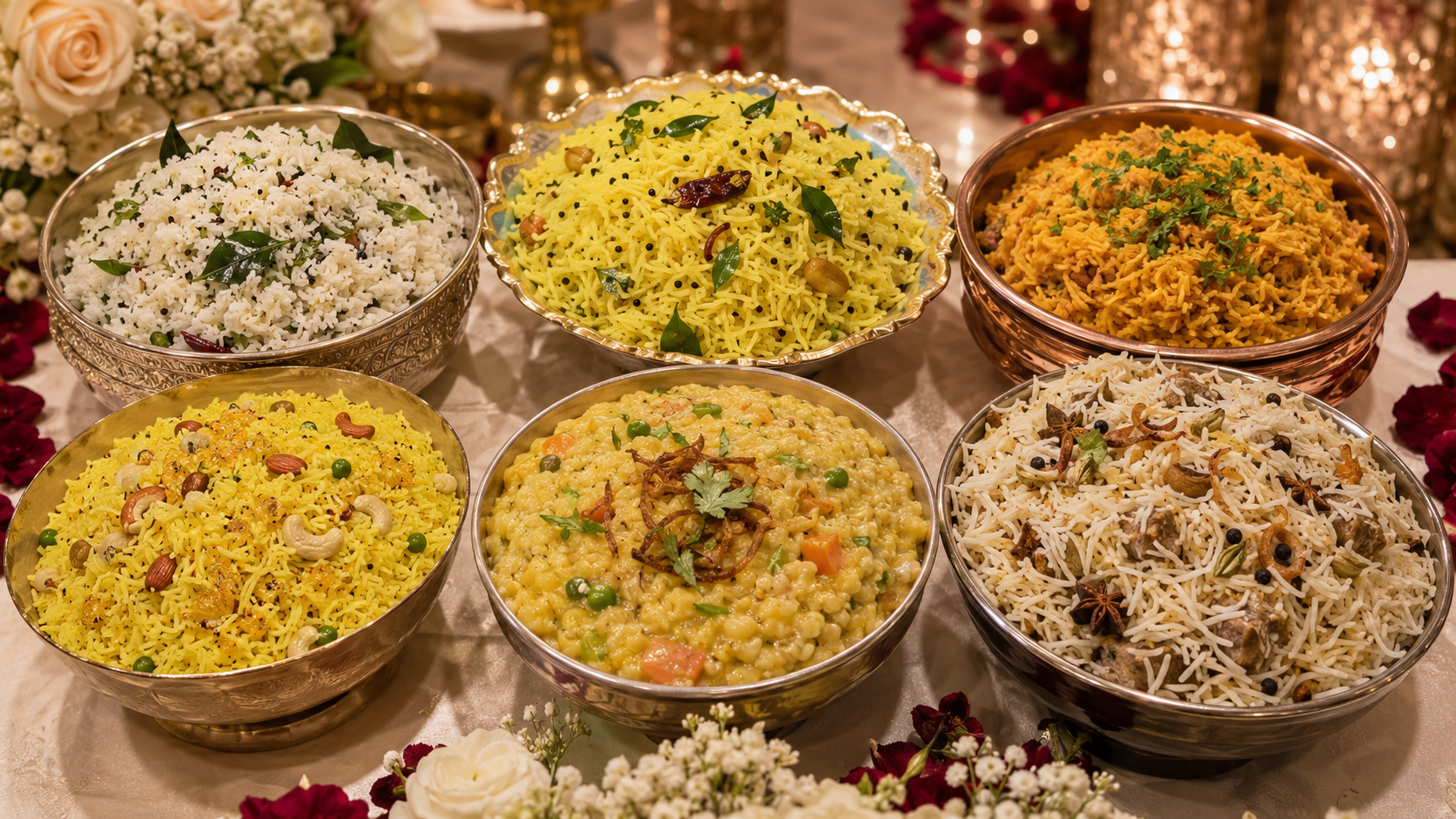 Regional Indian wedding rice dishes including lemon rice masale bhaat pulao and khichdi