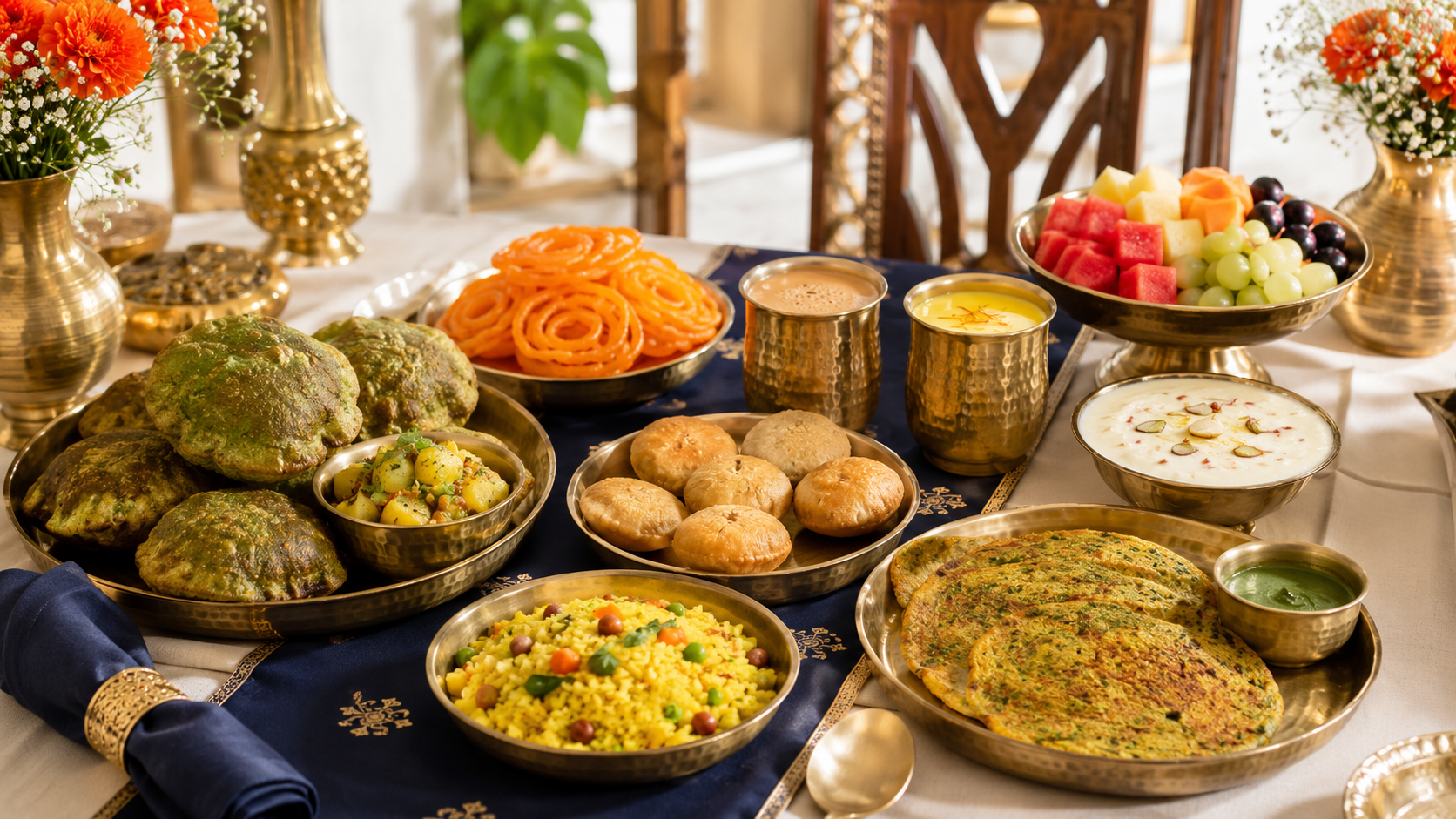 Marwari wedding breakfast menu with puri kachori poha chilla jalebi and kesar milk