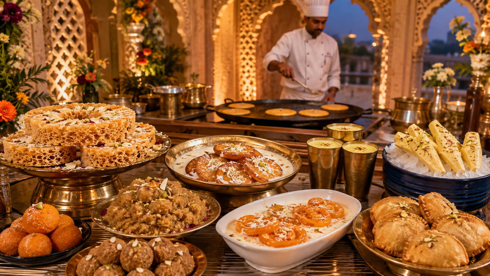 Marwari wedding sweets menu with ghevar malpua rabri halwa laddoo and kulfi